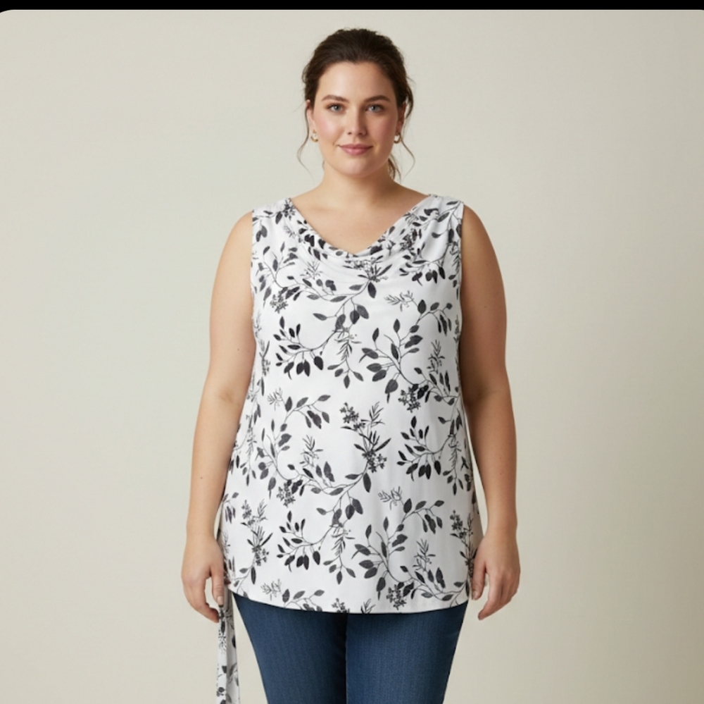 Lily Morgan Floral Tunic - Side Ruched with Tie Detail ,Plus Size 2X